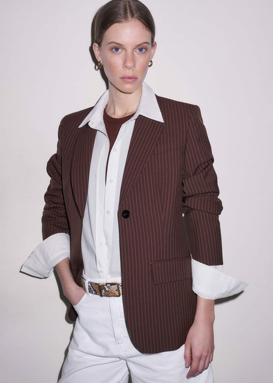 Cinnamon Pinstripe Sharp Shoulder Contour Blazer