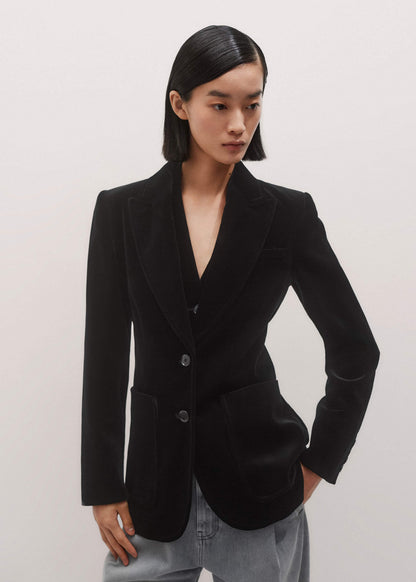 Black Stretch Velvet Sharp Shoulder Blazer
