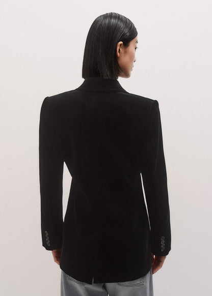 Black Stretch Velvet Sharp Shoulder Blazer