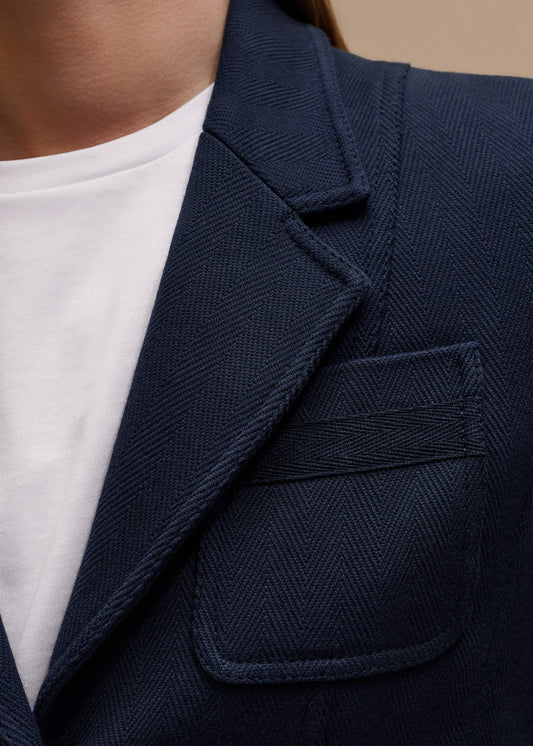 Navy Herringbone Fitted Crop Jacket