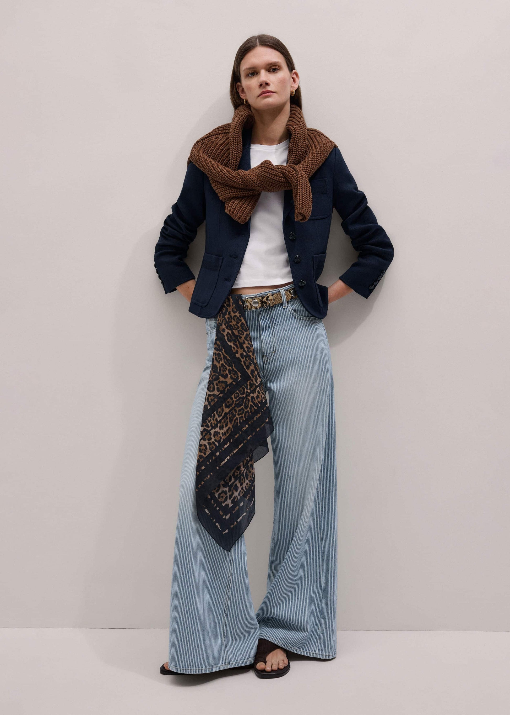 Navy Herringbone Fitted Crop Jacket