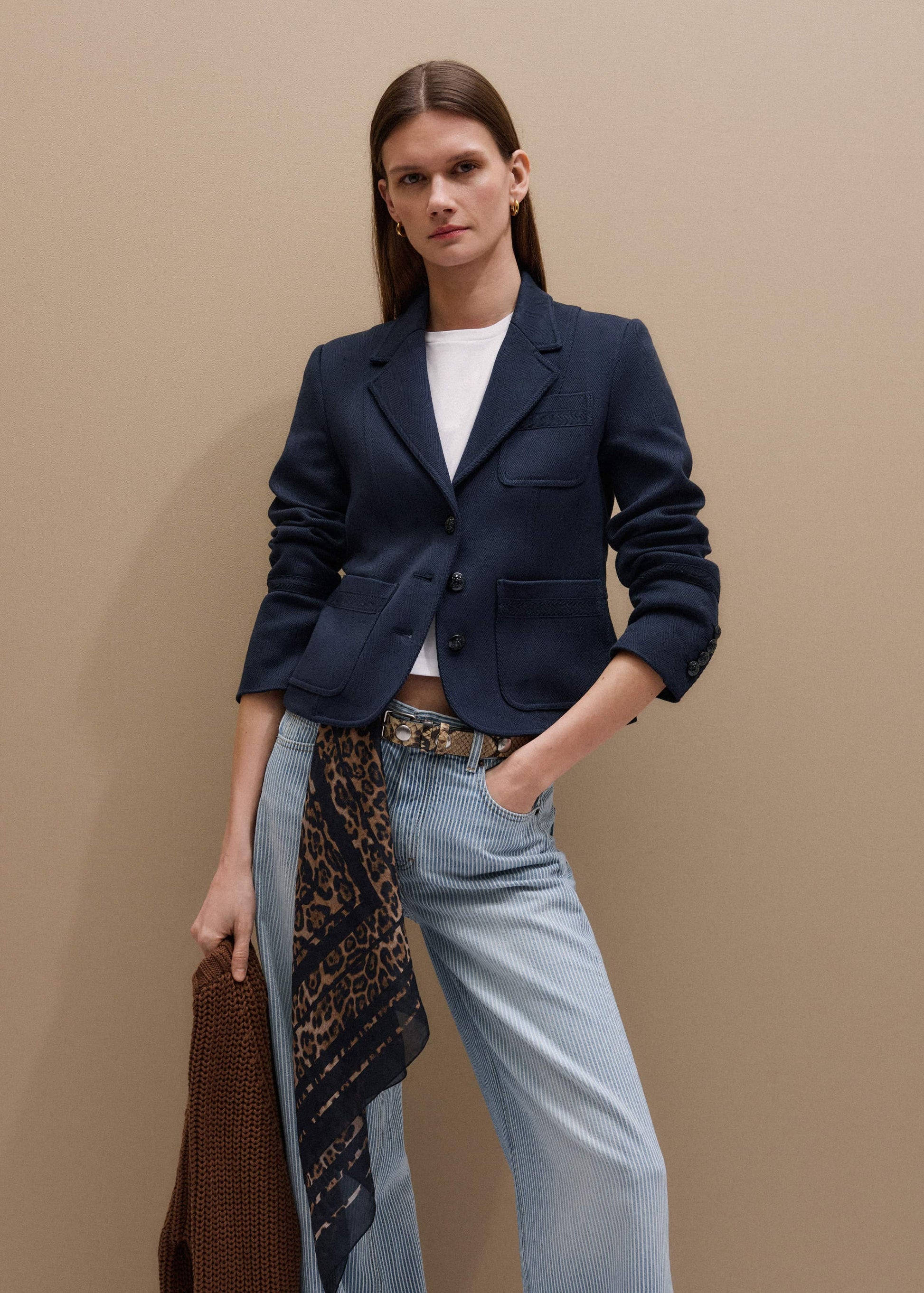 Navy Herringbone Fitted Crop Jacket