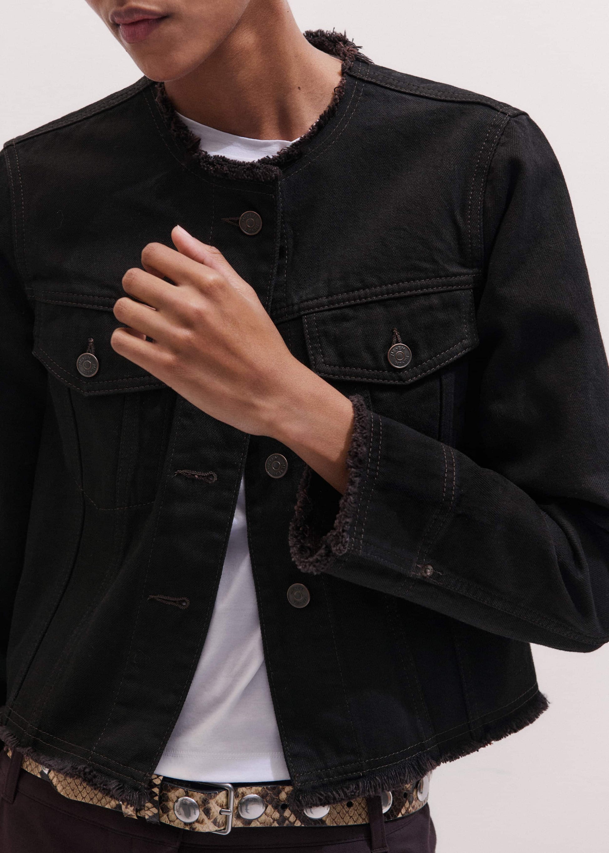 Black Collarless Fray Jacket