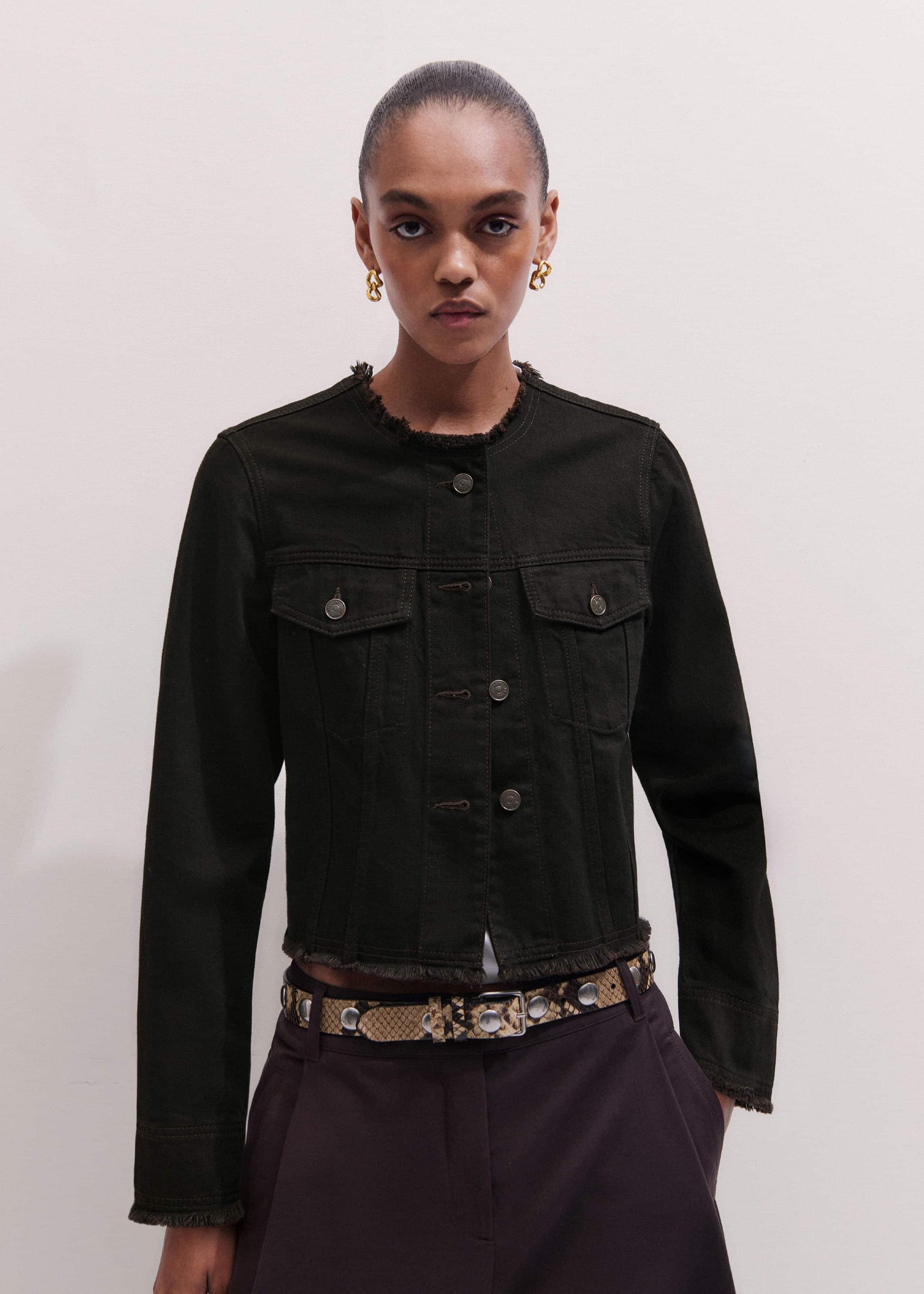 Black Collarless Fray Jacket