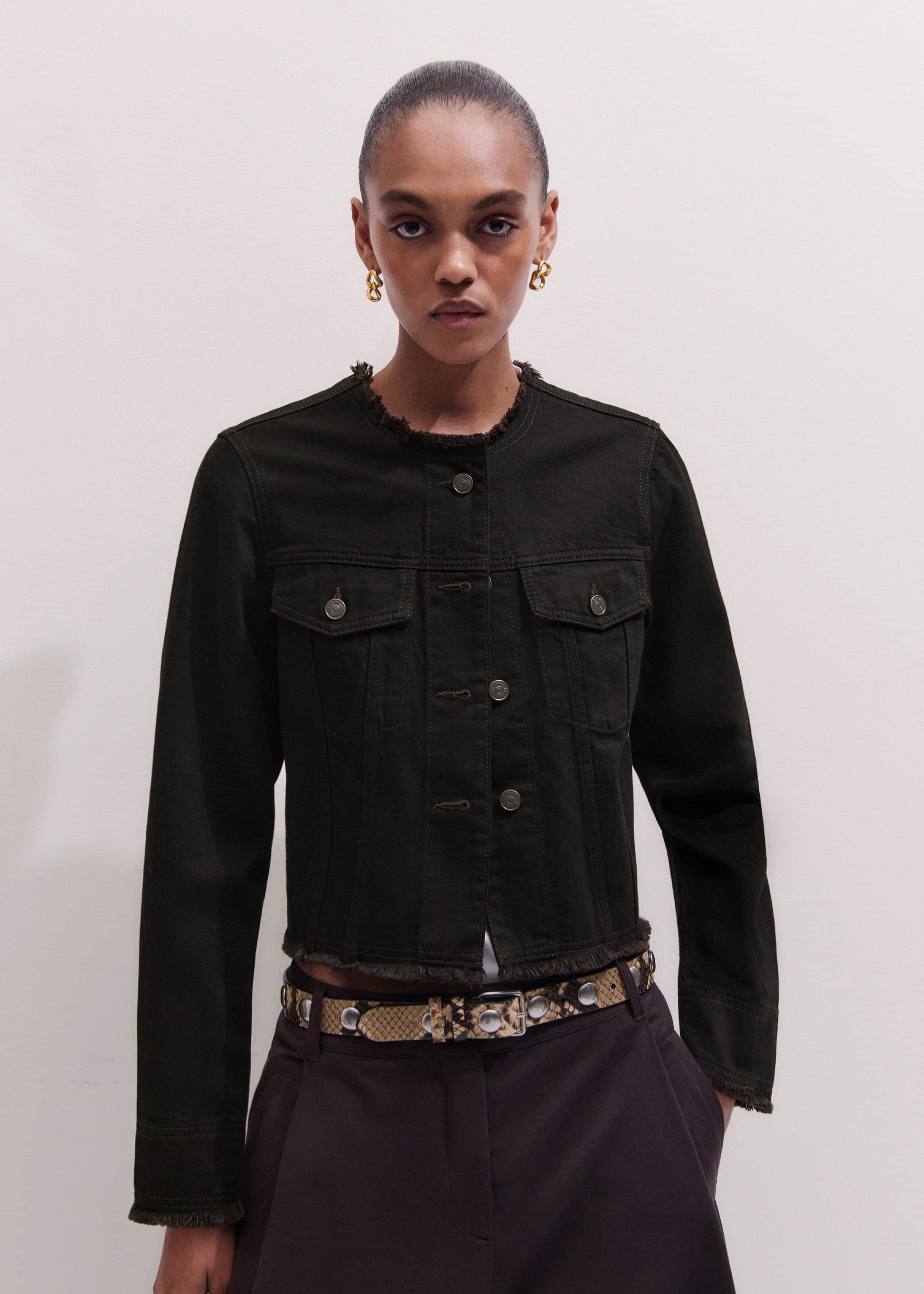 Black Collarless Fray Jacket
