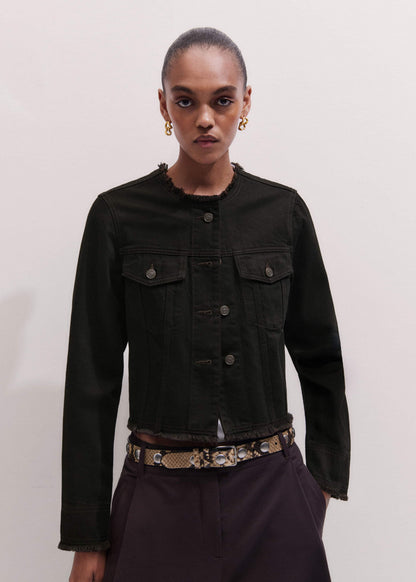 Black Collarless Fray Jacket
