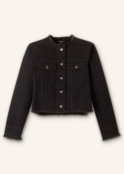 Black Collarless Fray Jacket