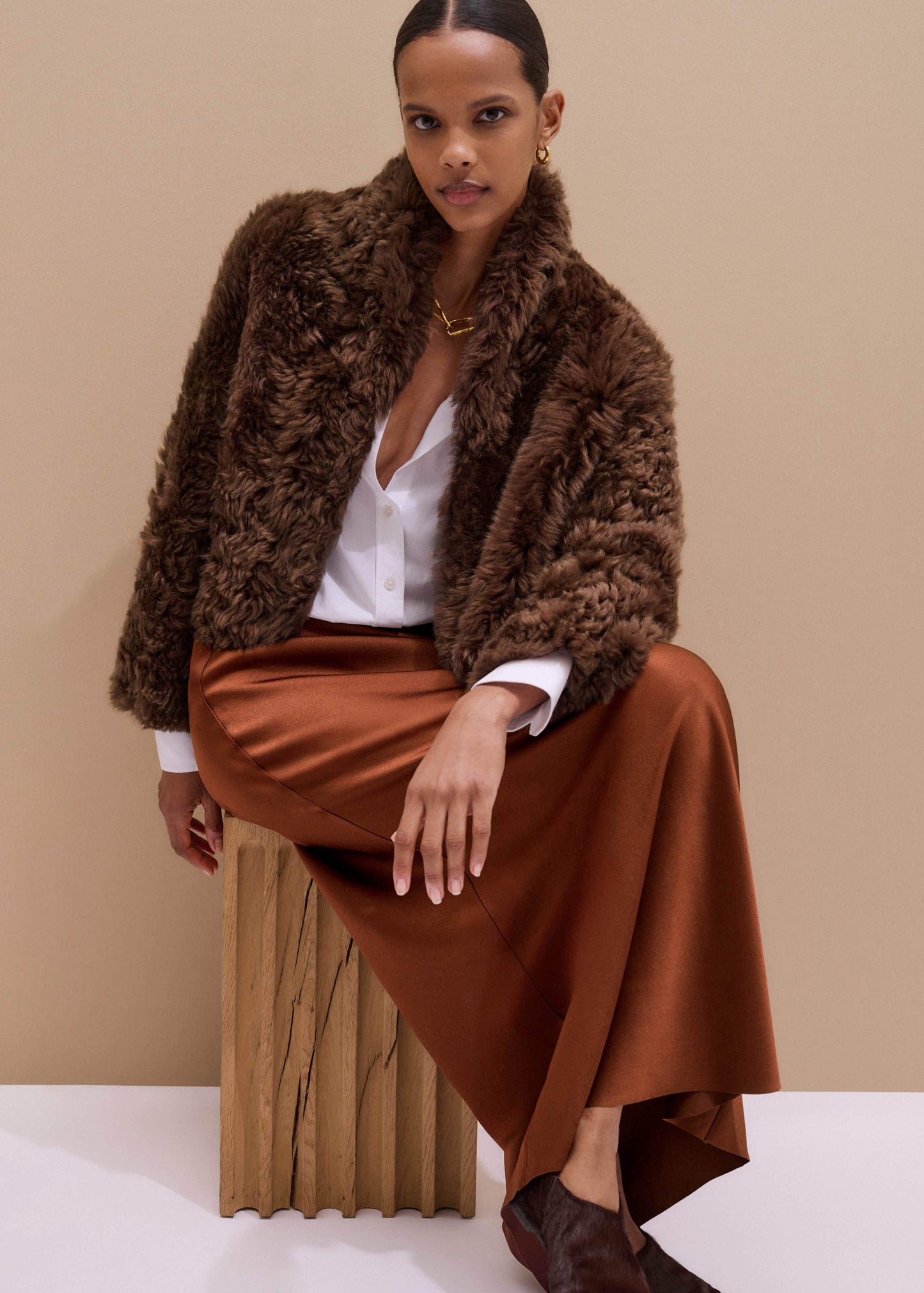 Brown Luxe Shearling Evening Crop Jacket