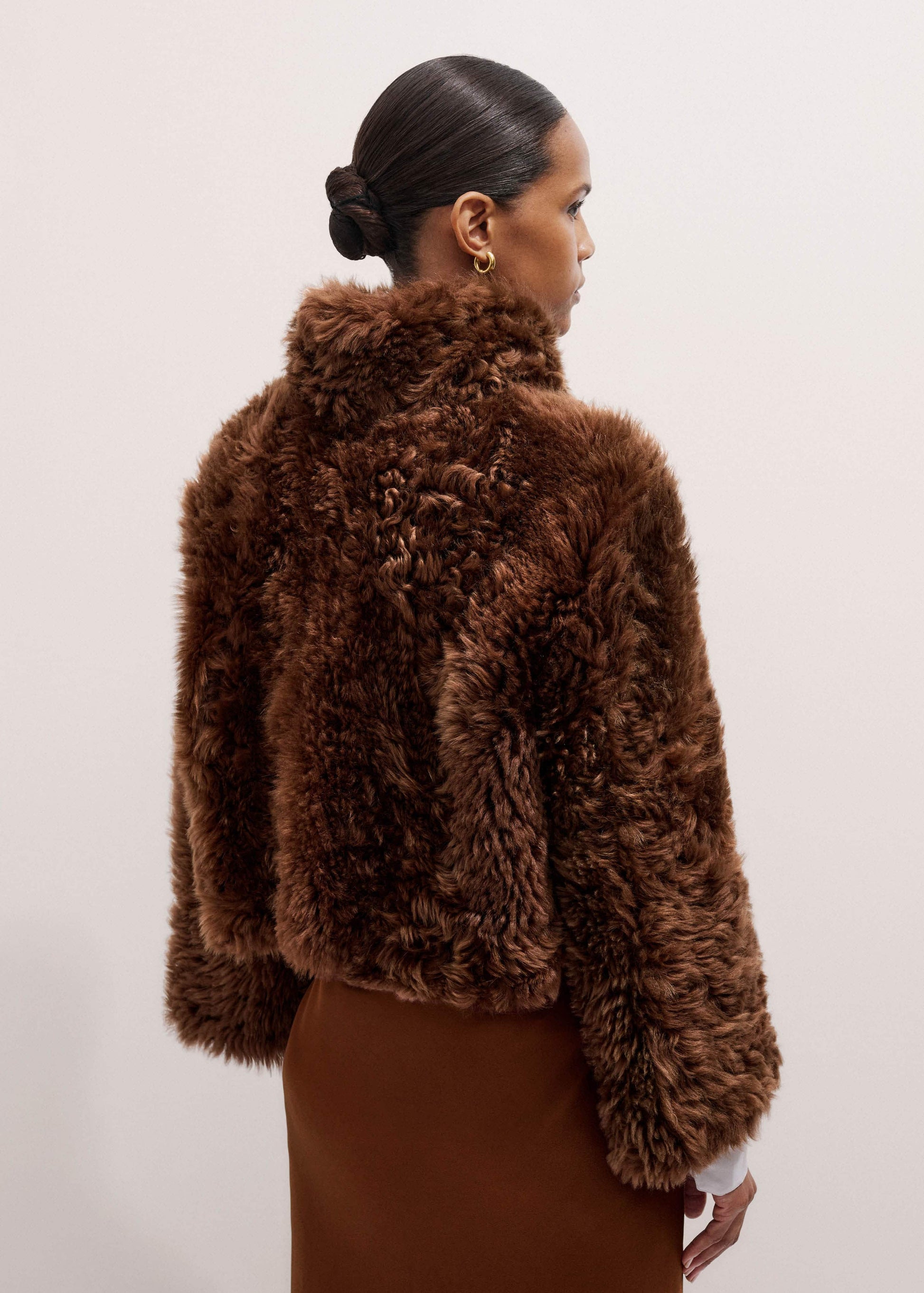 Brown Luxe Shearling Evening Crop Jacket