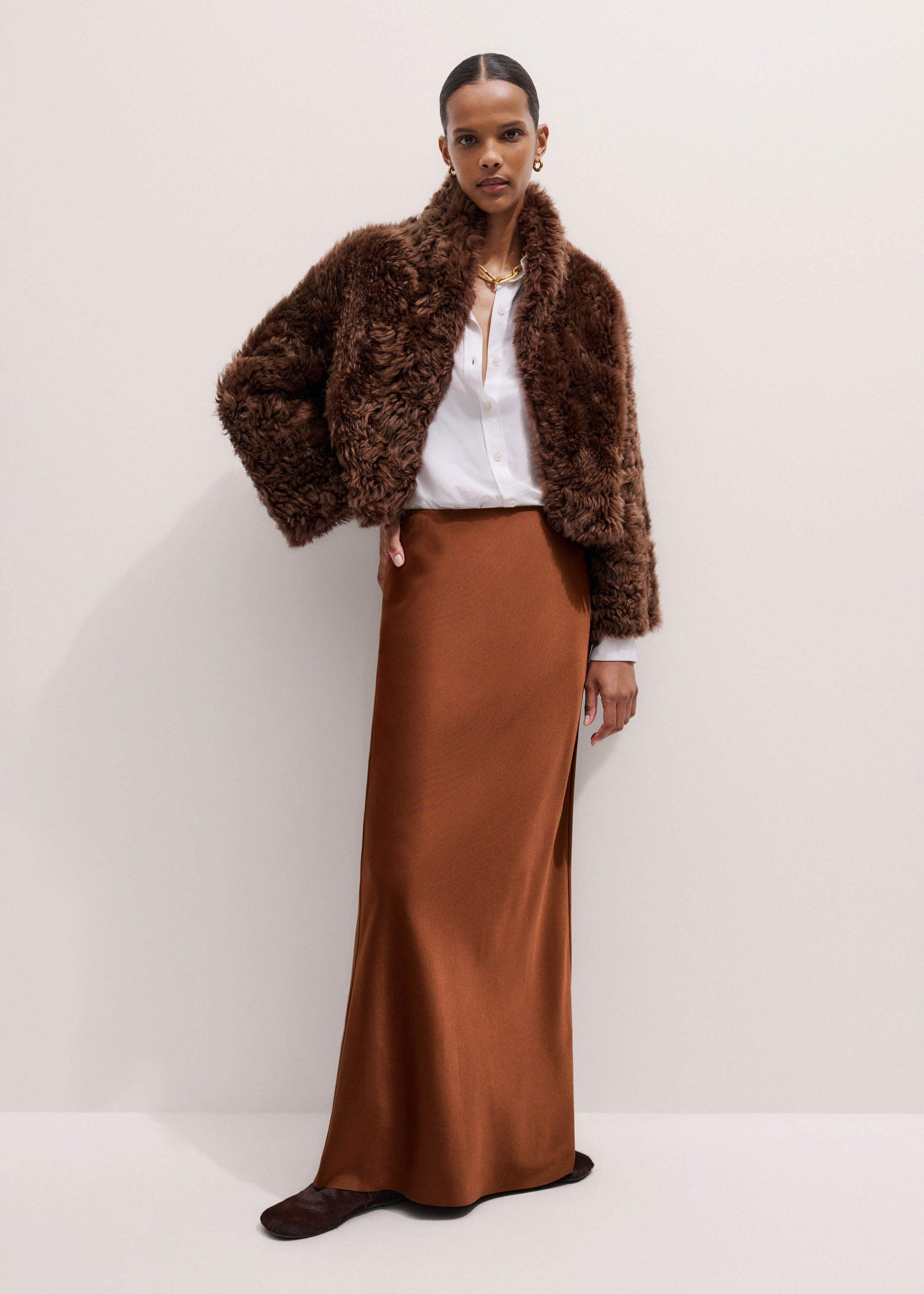 Brown Luxe Shearling Evening Crop Jacket