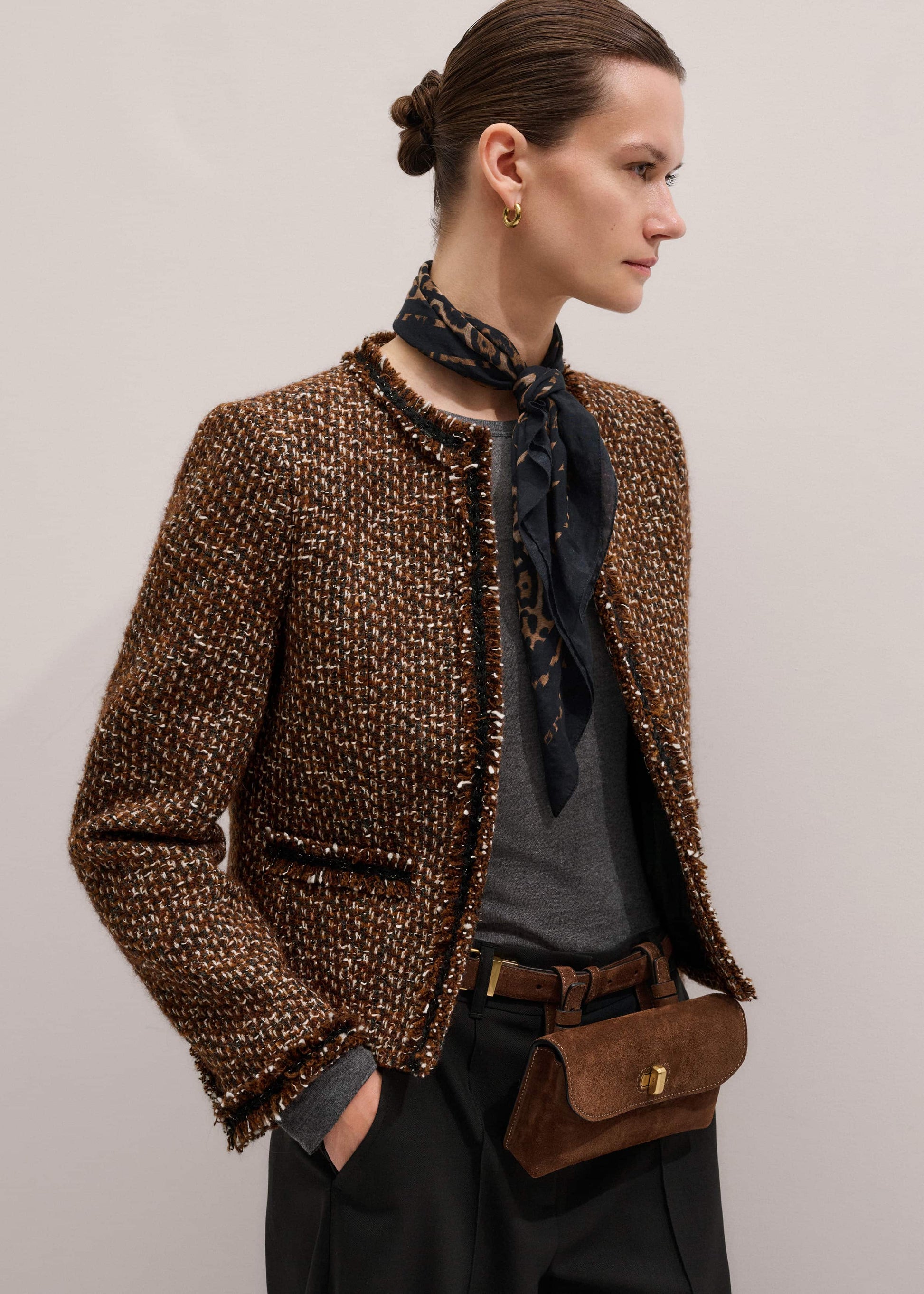Brown Slim Tweed Fringed Jacket
