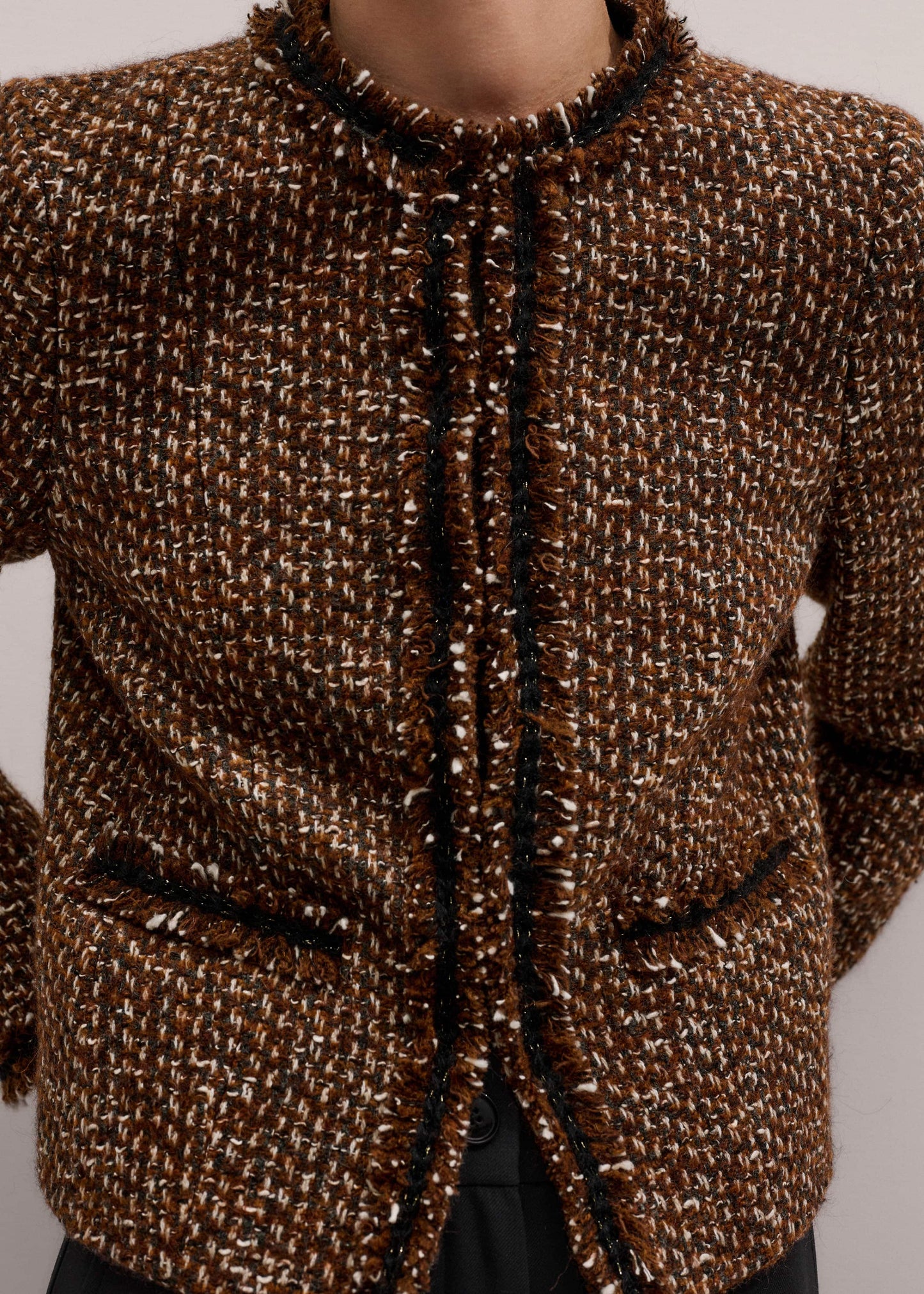 Brown Slim Tweed Fringed Jacket