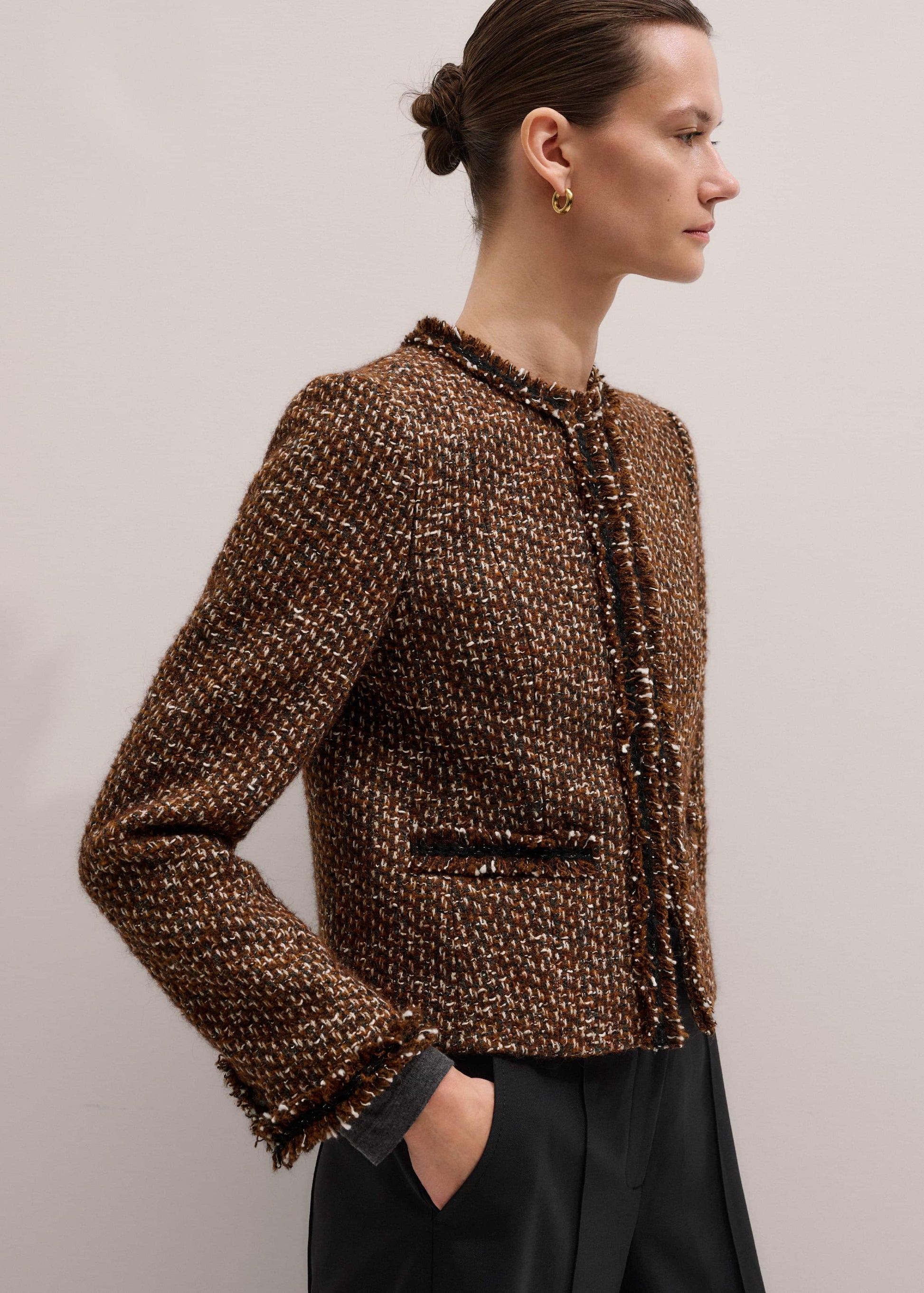 Brown Slim Tweed Fringed Jacket