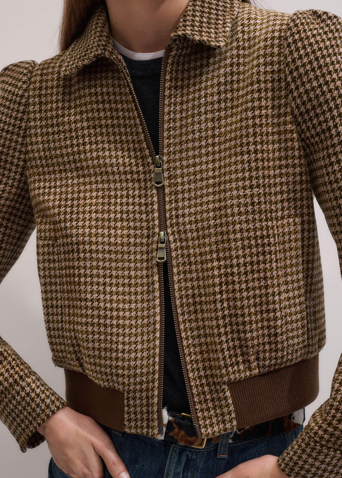 Brown Super Soft Houndstooth Bomber Jacket