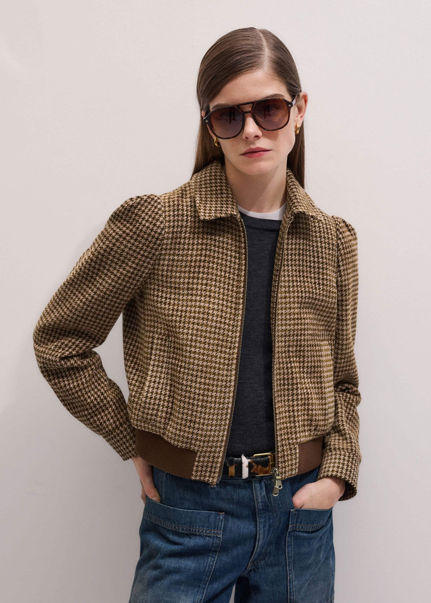 Brown Super Soft Houndstooth Bomber Jacket