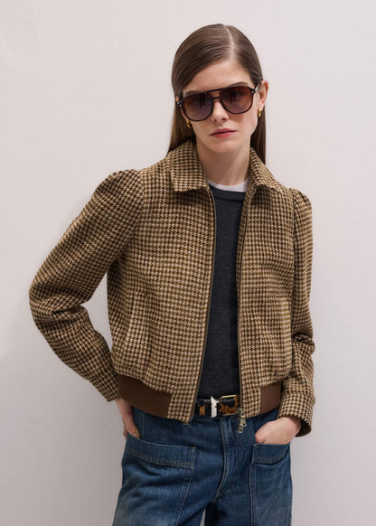 Brown Super Soft Houndstooth Bomber Jacket
