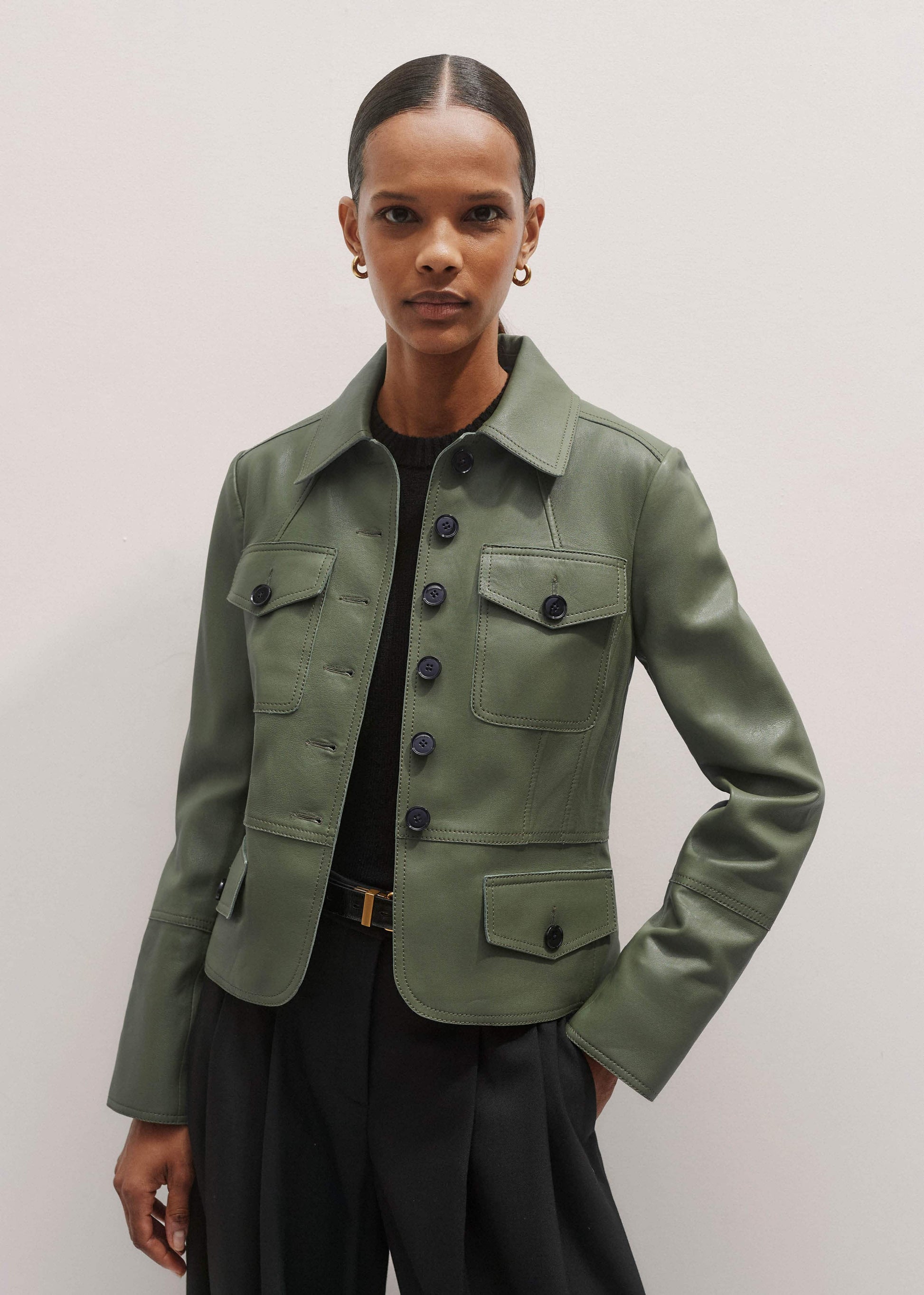 Green Washed Leather Fitted Utility Jacket