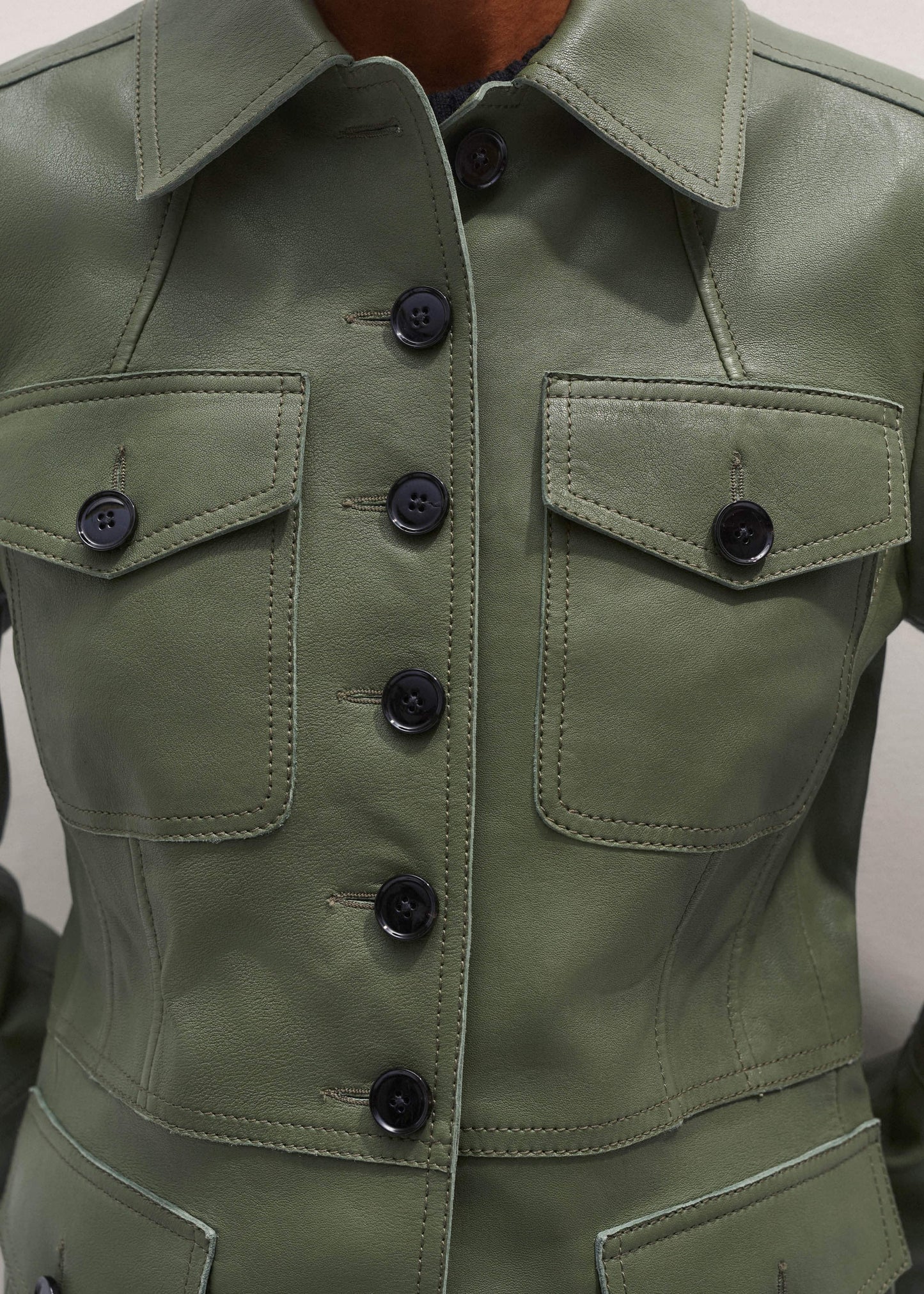 Green Washed Leather Fitted Utility Jacket