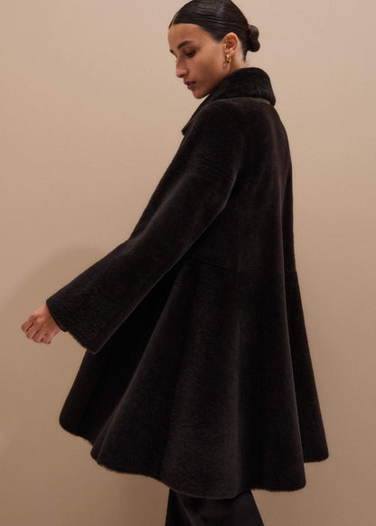 Brown Luxe Shearling Leather Mix Swing Coat