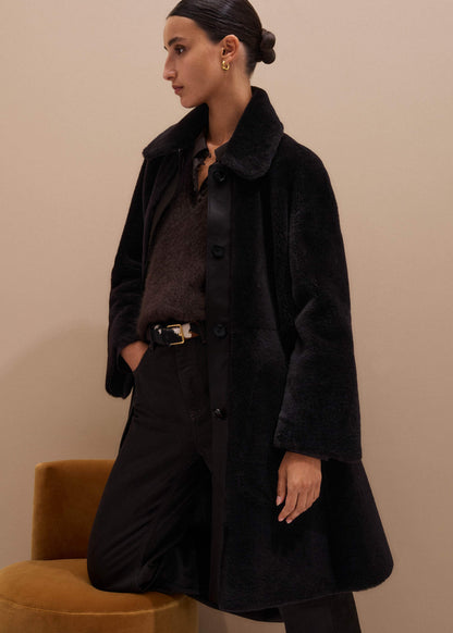 Brown Luxe Shearling Leather Mix Swing Coat