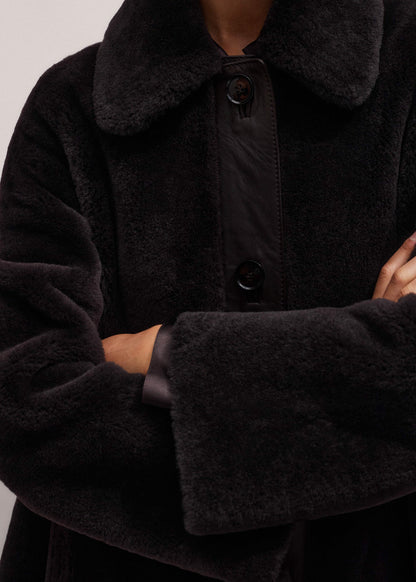 Brown Luxe Shearling Leather Mix Swing Coat