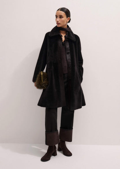 Brown Luxe Shearling Leather Mix Swing Coat