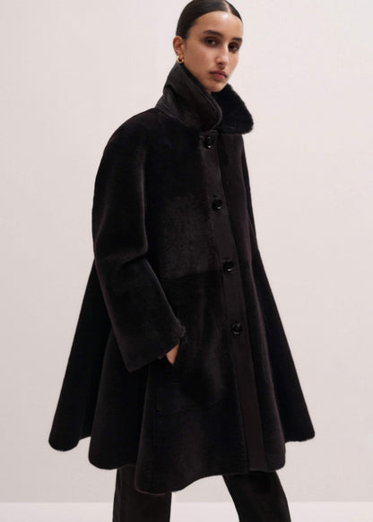 Brown Luxe Shearling Leather Mix Swing Coat