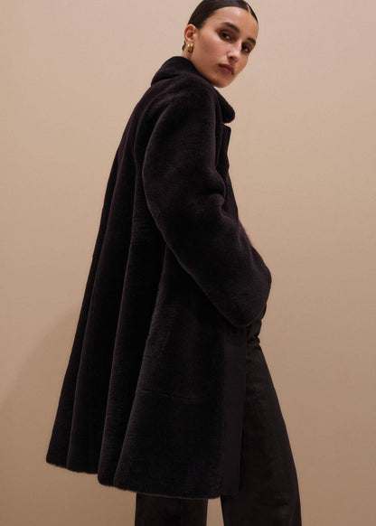 Brown Luxe Shearling Leather Mix Swing Coat