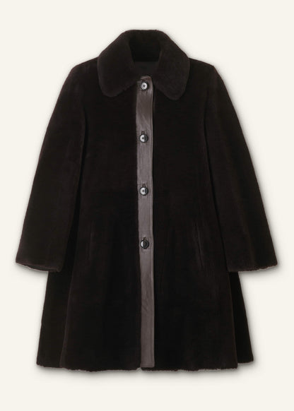 Brown Luxe Shearling Leather Mix Swing Coat