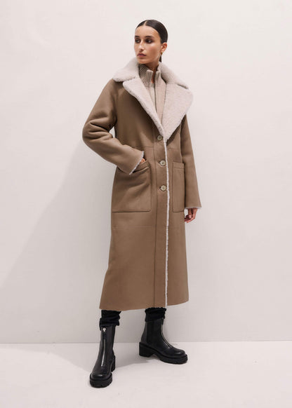 Cream Reversible Shearling Coat + Belt