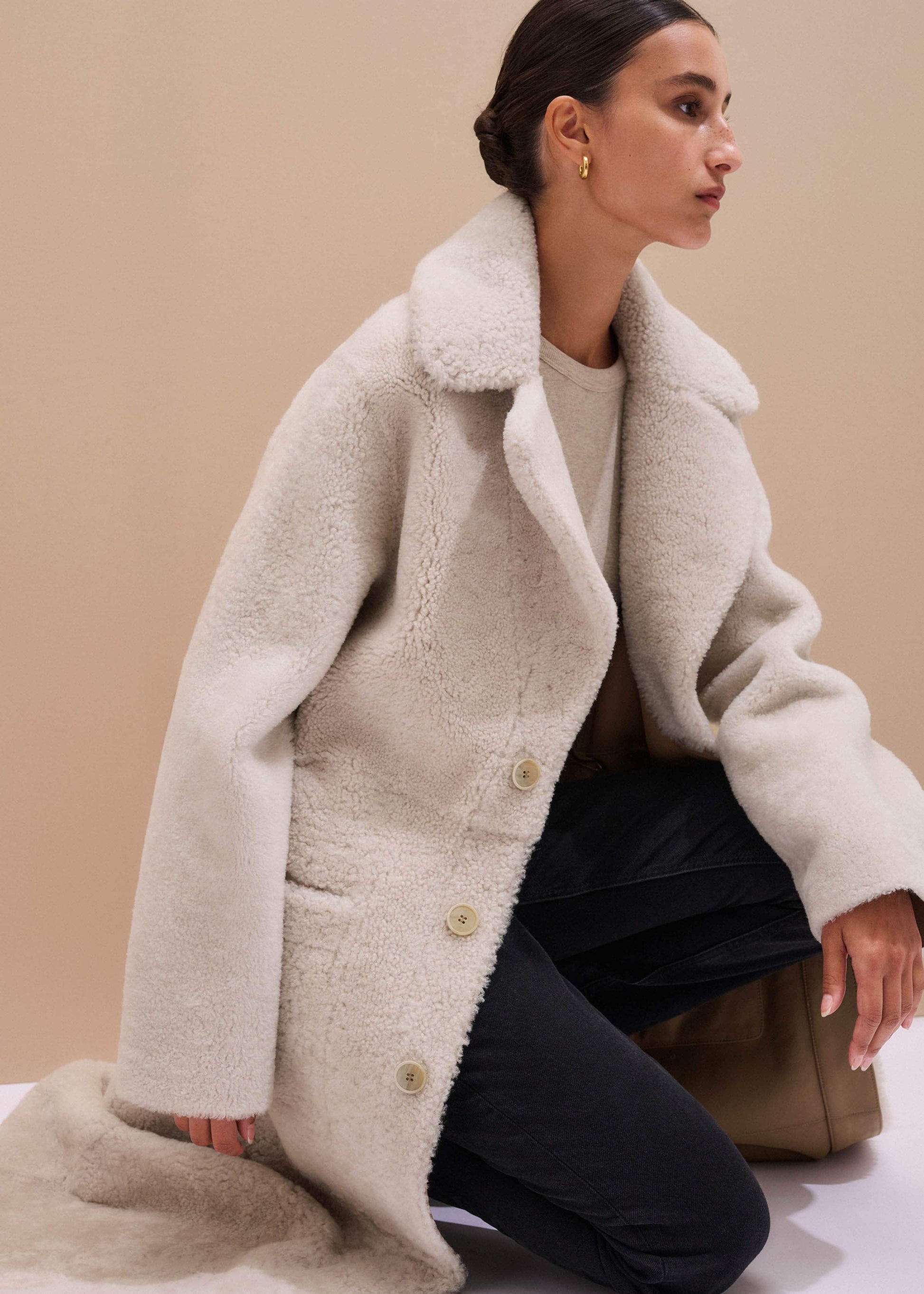 Cream Reversible Shearling Coat + Belt