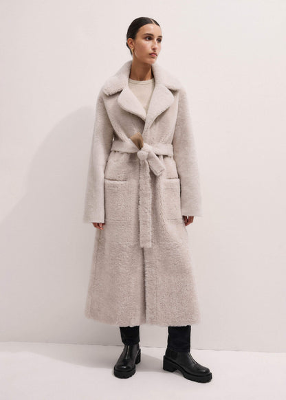 Cream Reversible Shearling Coat + Belt