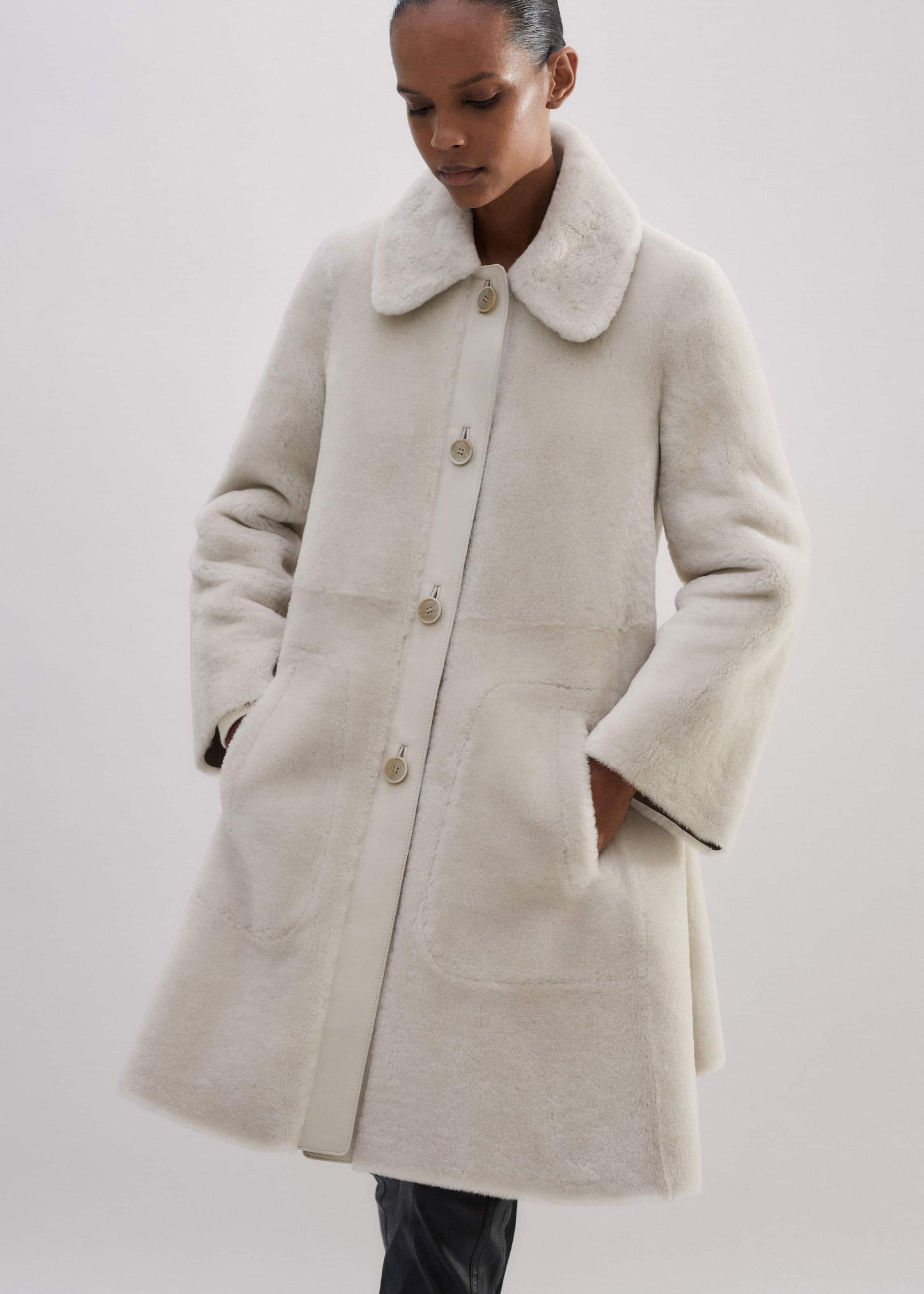 Natural Luxe Shearling Leather-Mix Swing Coat
