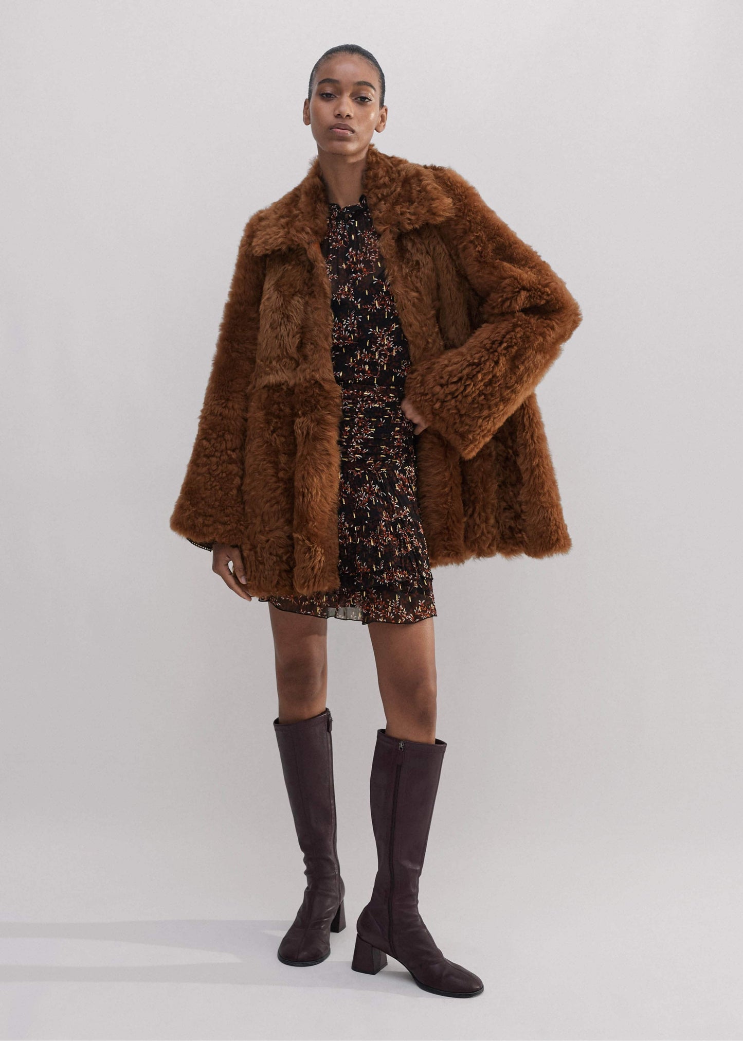 Brown Luxe Shearling Swing Coat