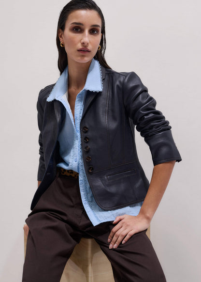 Navy Leather Luxe Short Fitted Blazer