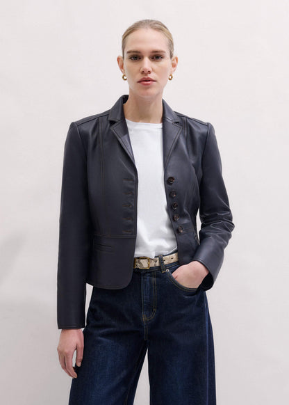 Navy Leather Luxe Short Fitted Blazer