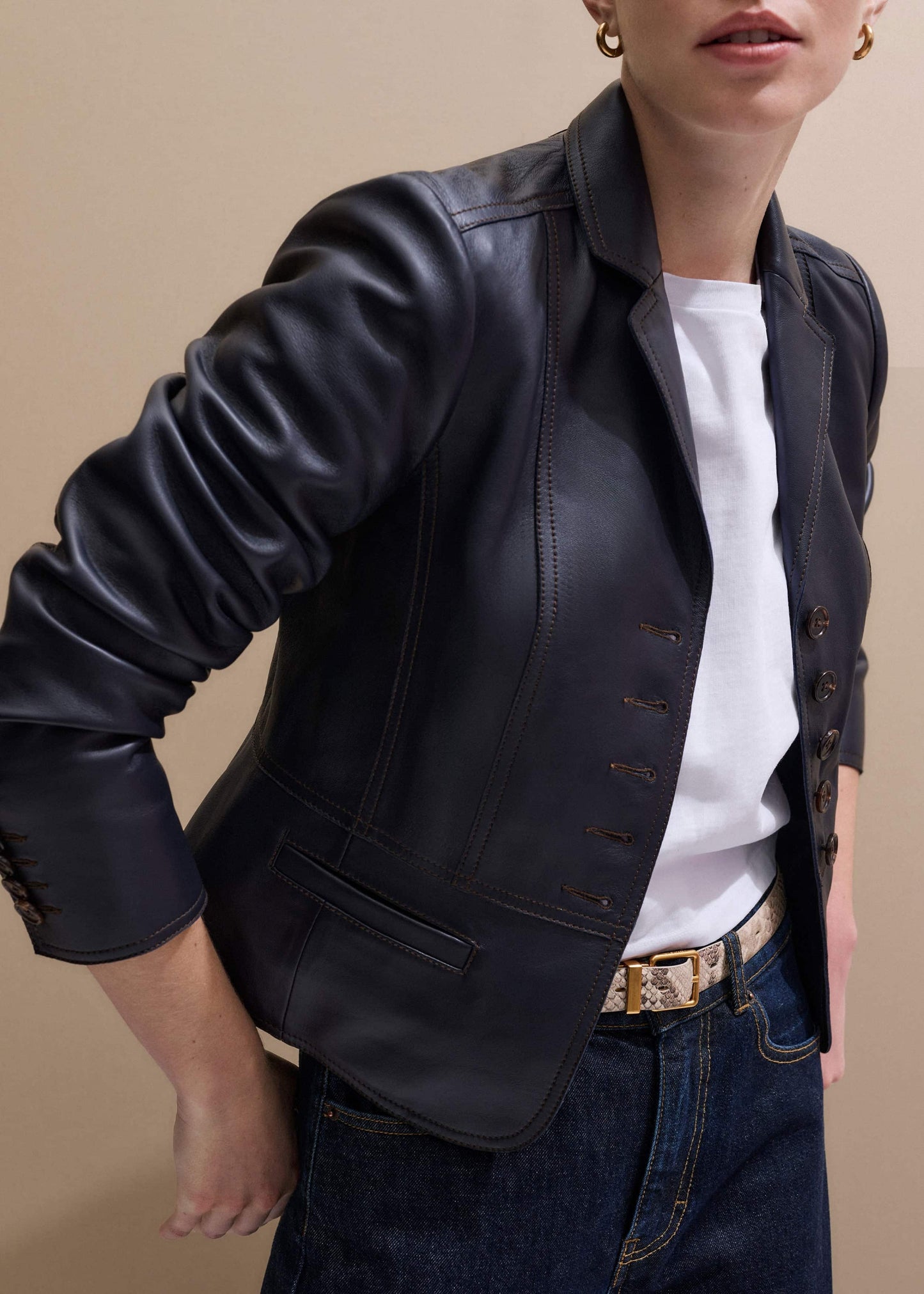 Navy Leather Luxe Short Fitted Blazer