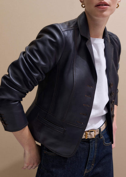 Navy Leather Luxe Short Fitted Blazer