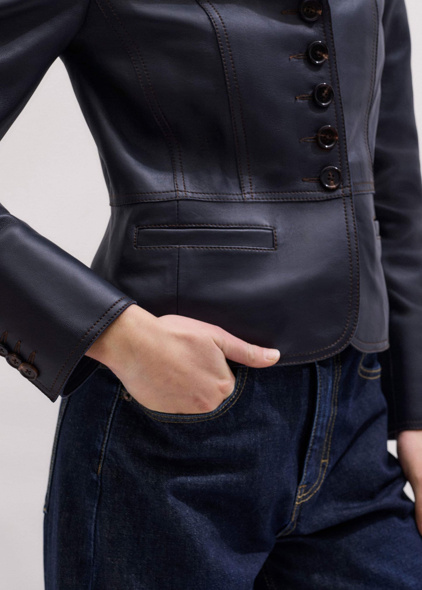 Navy Leather Luxe Short Fitted Blazer