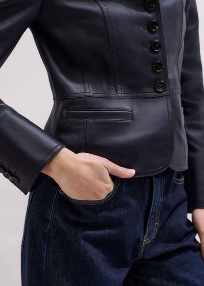 Navy Leather Luxe Short Fitted Blazer