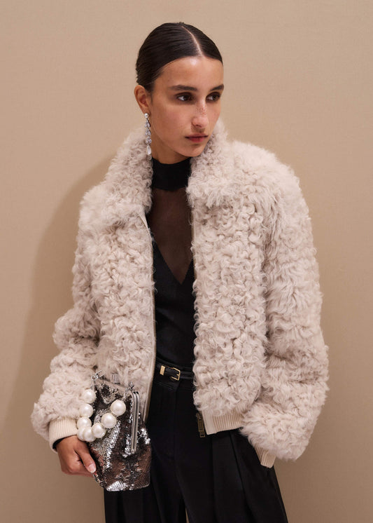 Cream Luxe Shearling Bomber Jacket