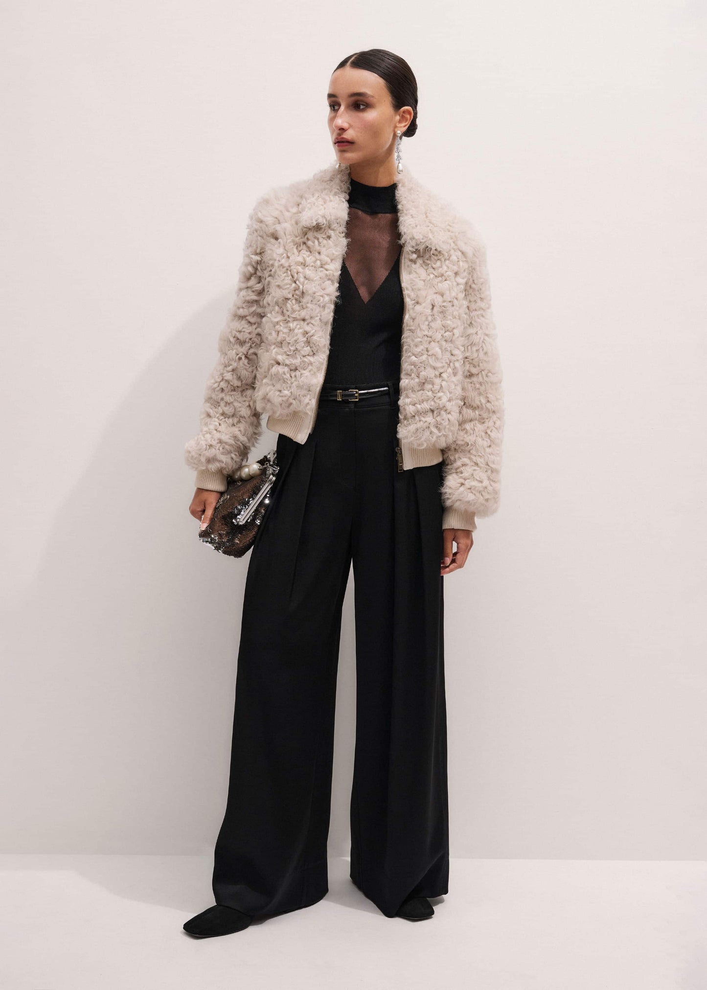 Cream Luxe Shearling Bomber Jacket