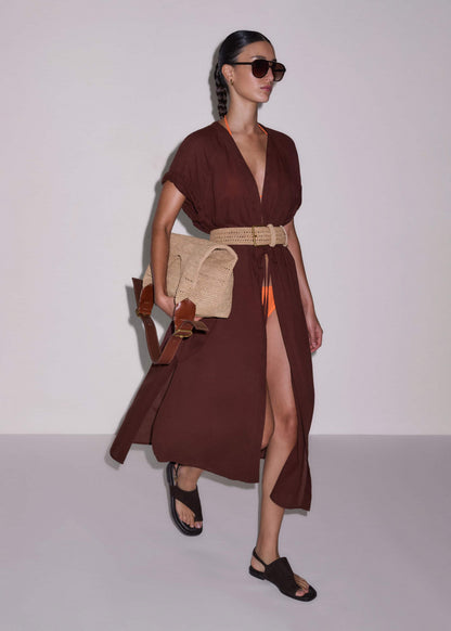 Cinnamon Brown Tie Front Maxi Cover Up