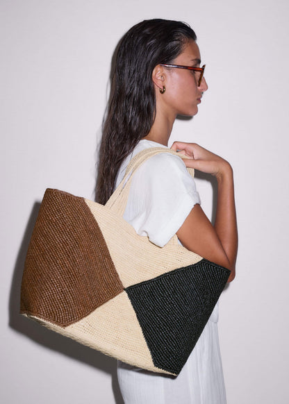 Brown Contrast Raffia Tote Bag