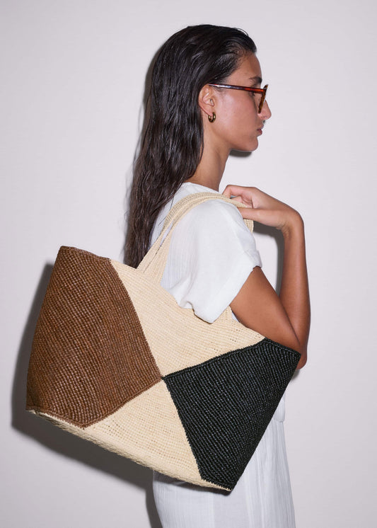 Brown Contrast Raffia Tote Bag