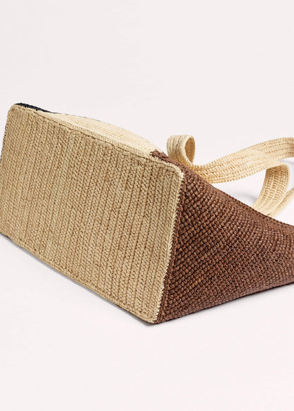 Brown Contrast Raffia Tote Bag