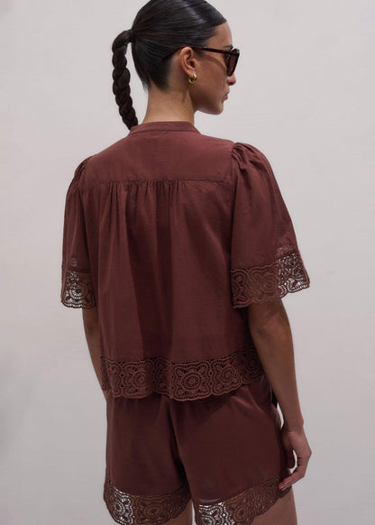 Cinnamon Brown Lace Trim Crop Top