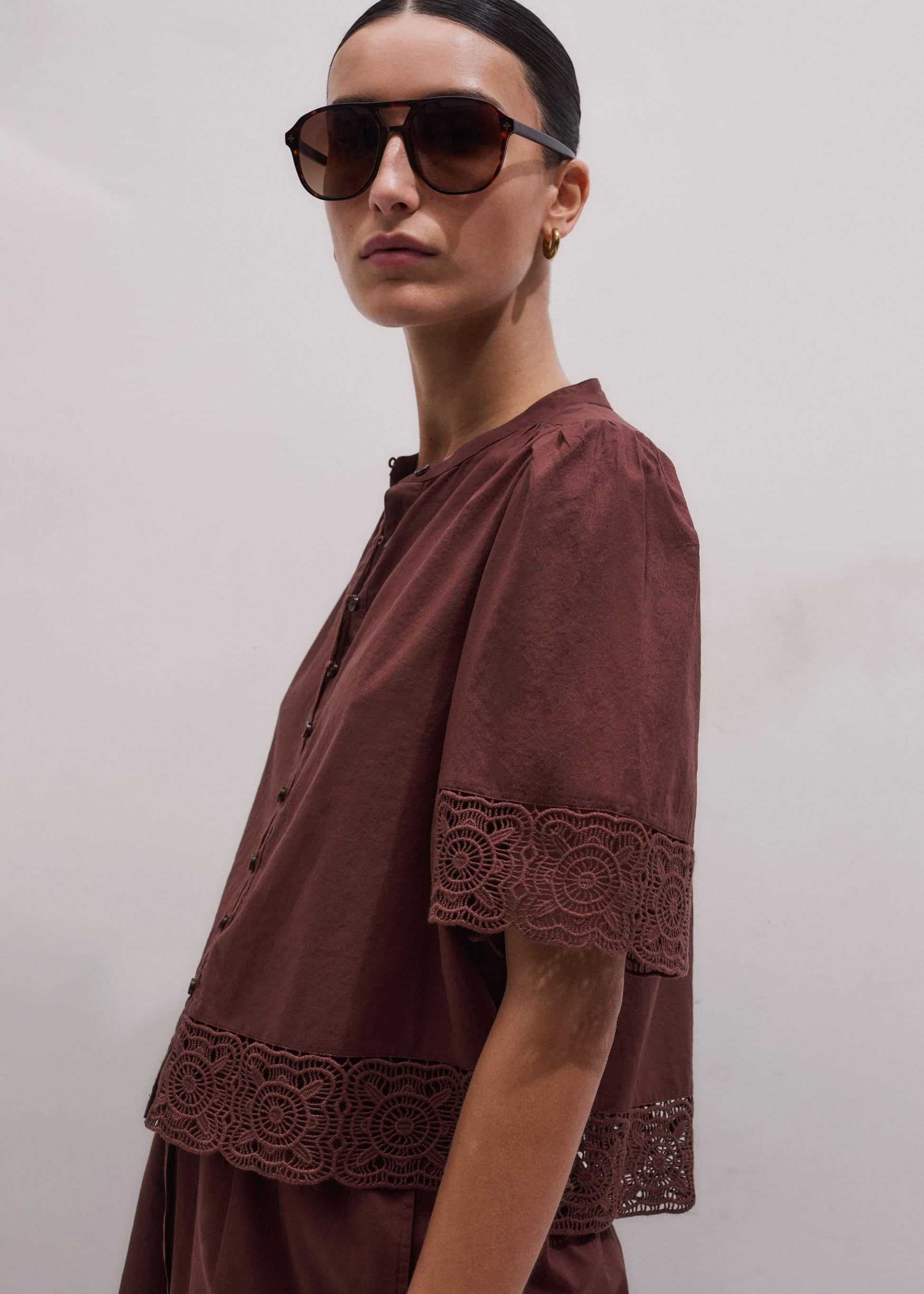 Cinnamon Brown Lace Trim Crop Top