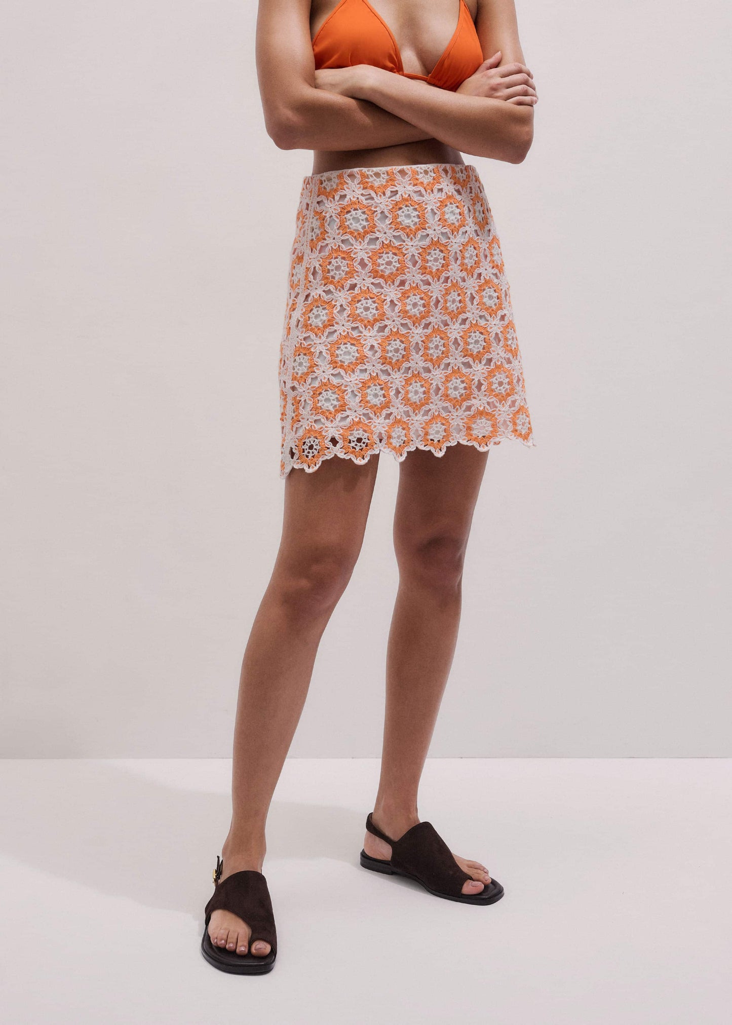 Orange Floral Crochet Mini Beach Skirt