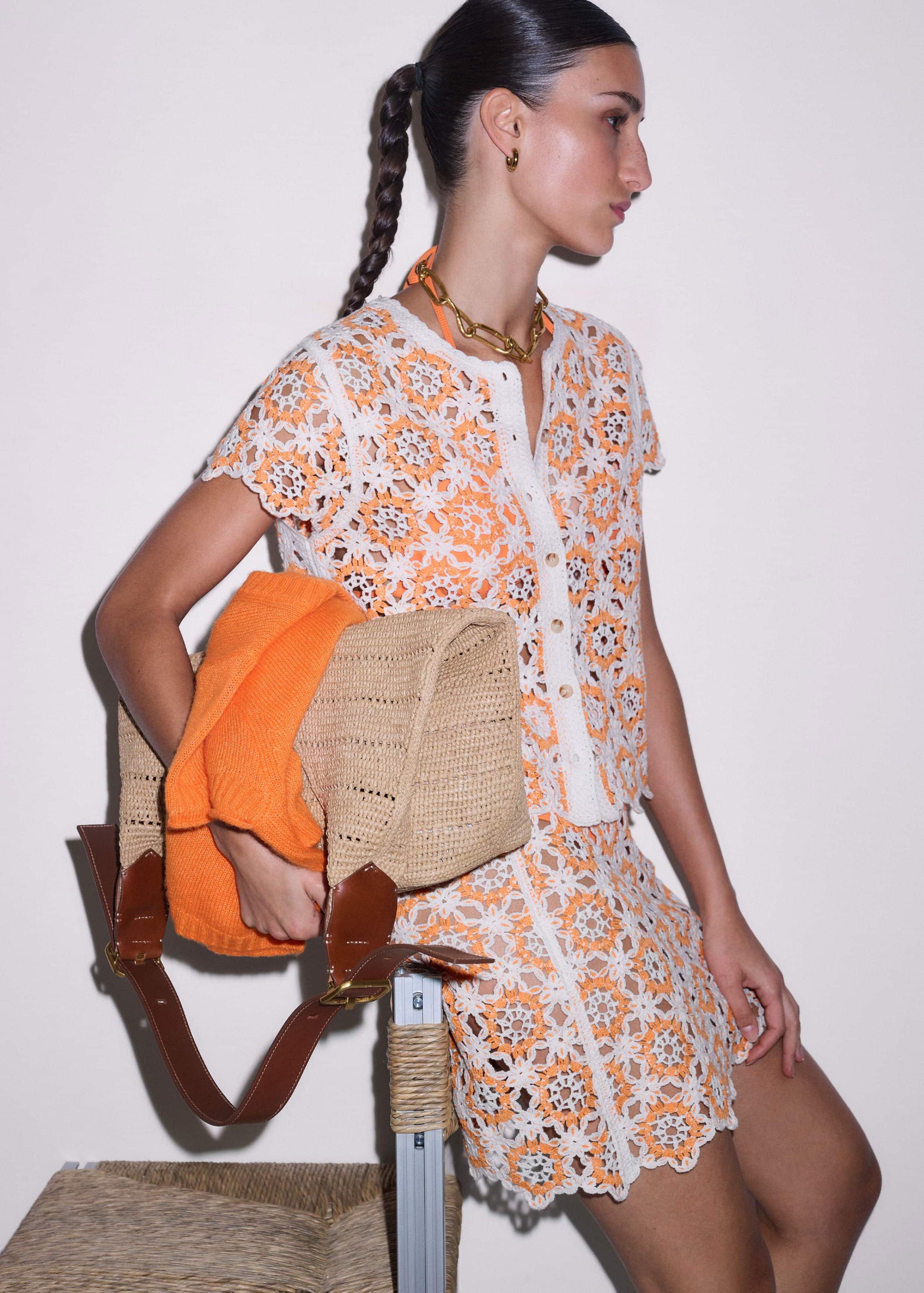 Orange Floral Crochet Mini Beach Skirt